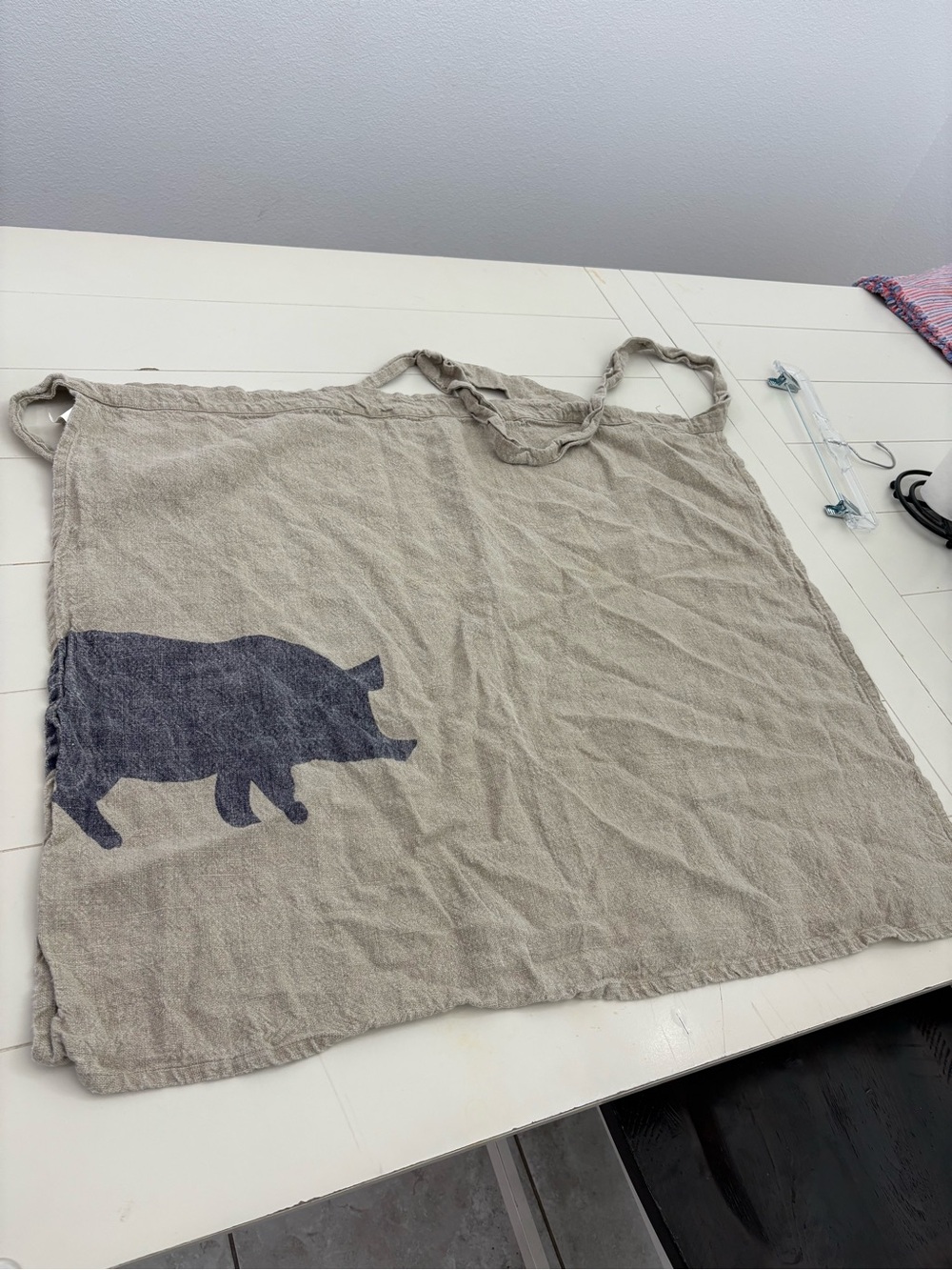 Crate and Barrel Beige Linen Apron with Navy Pig Graphic